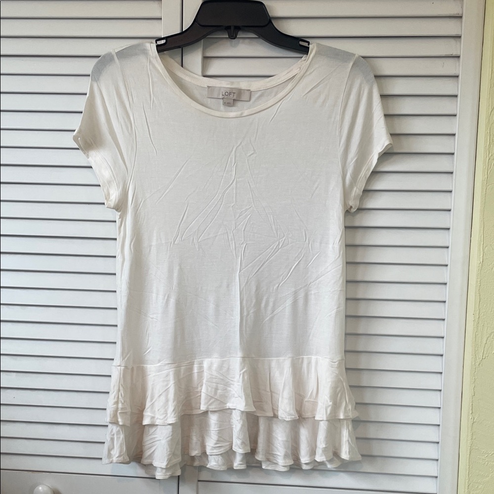 LOFT Cream Ruffle Hem Short Sleeve Tee
